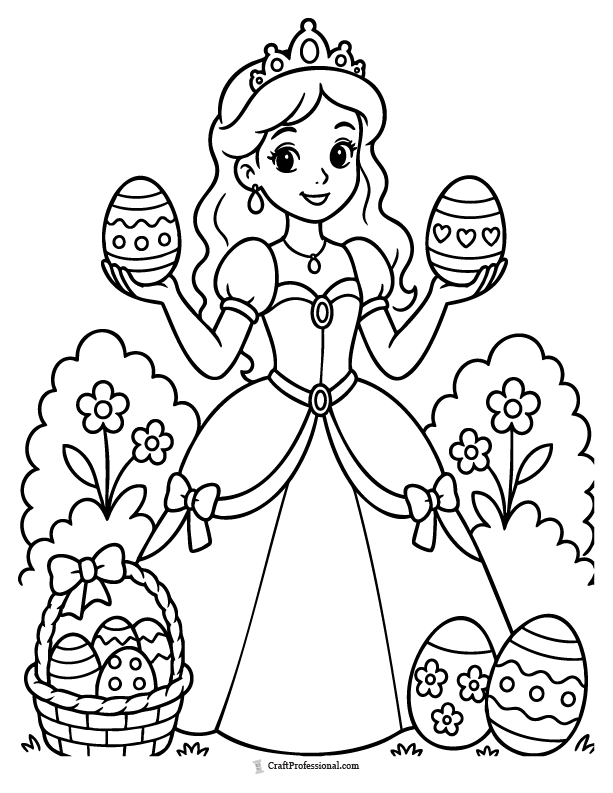 Easter princess coloring page with eggs
