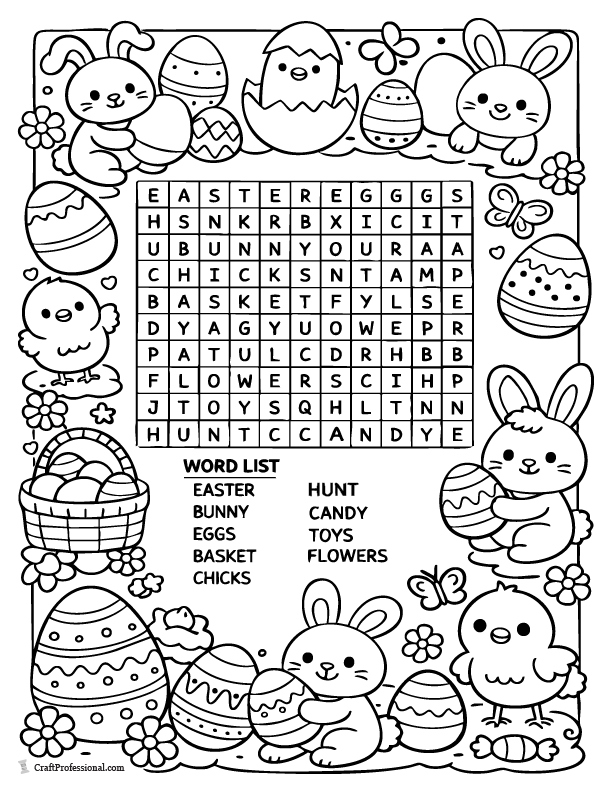 Easter word search printable with a coloring border of Easter eggs and bunnies.
