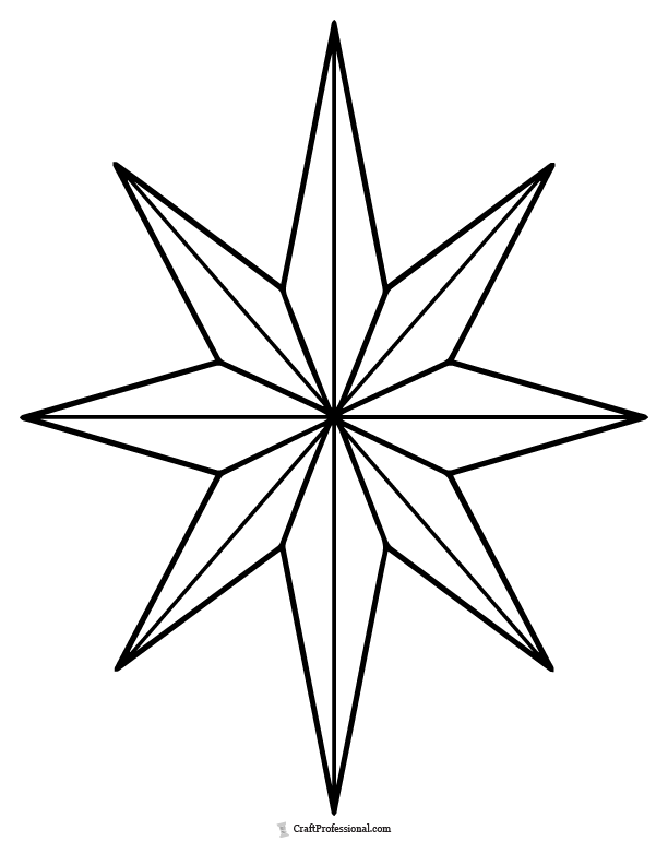 8-point compass star coloring page with crisp points and detailed, geometric pattern coloring page.