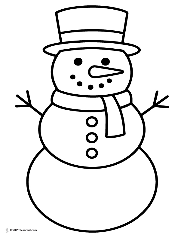 Basic 3-circle snowman with large shapes, simple outline, coloring page, perfect for toddlers just learning to color.
