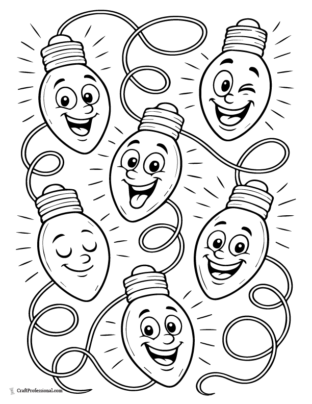 Christmas light bulb cartoon characters with funny faces to color.