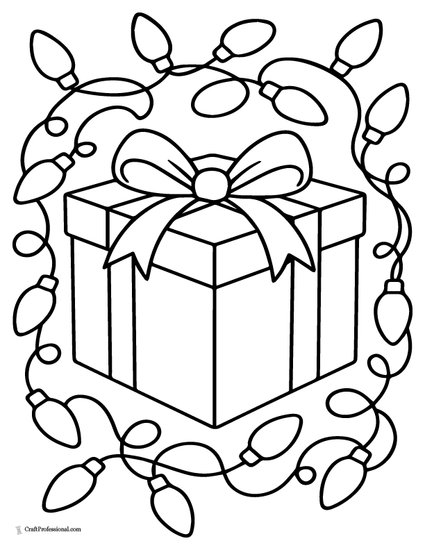 Christmas lights around a present box coloring page
