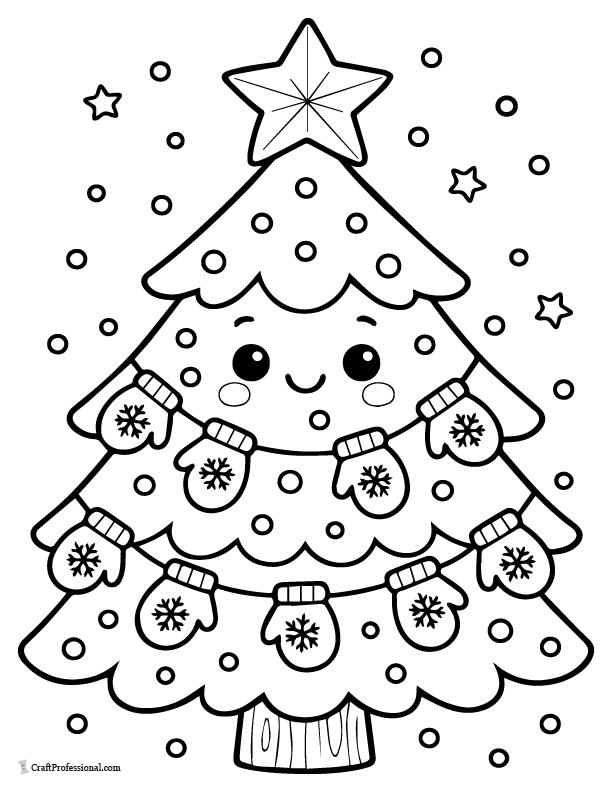 Cute kids tree with mitten garland coloring page.