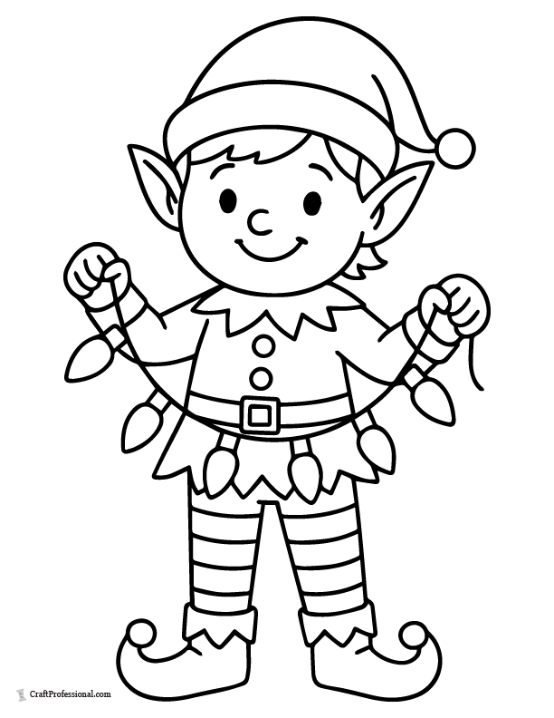 Elf holding a short string of Christmas lights coloring sheet.