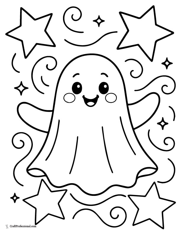 Ghost floating with large stars easy coloring page