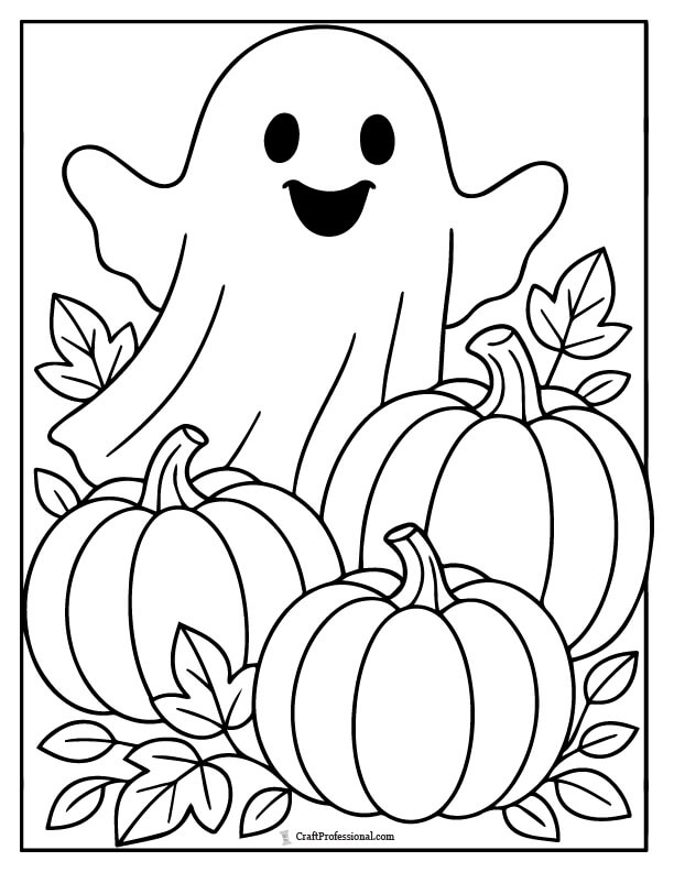 Ghost with three bold pumpkins, coloring page