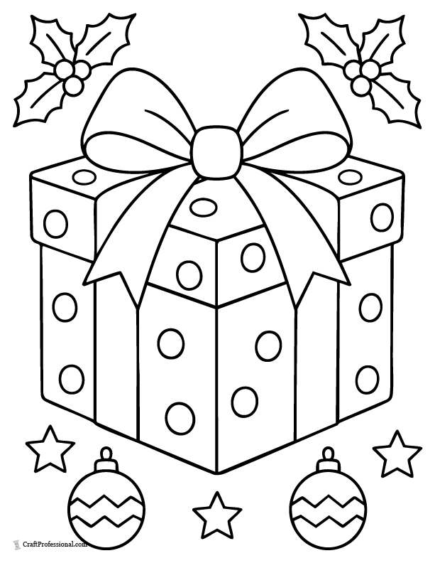 Easy large-print Christmas gift coloring page with thick outlines and simple details.