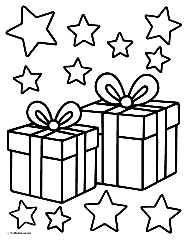 Simple presents with star background coloring sheet for kids.