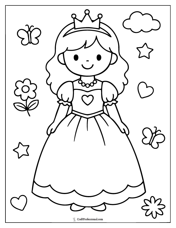 Easy princess coloring page standing in a basic dress