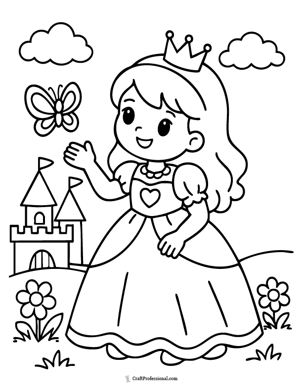 Easy princess coloring page looking at a butterfly