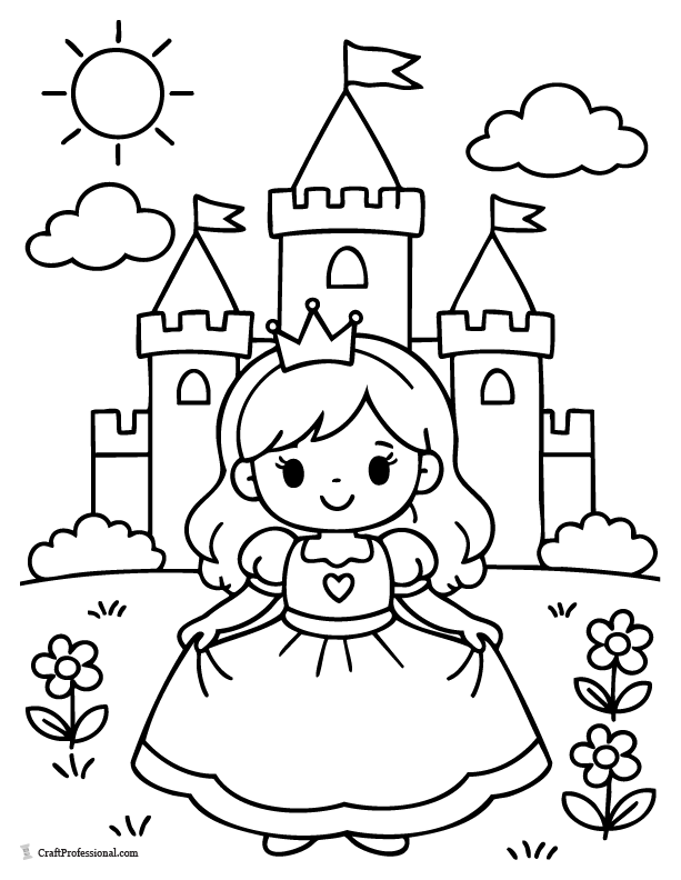 Easy princess coloring page next to a castle