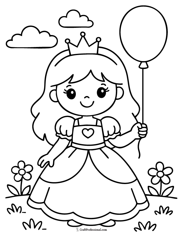 Easy princess coloring page holding a balloon