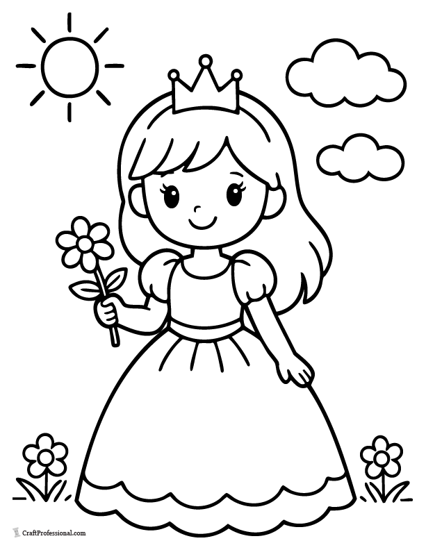 Easy princess coloring page holding a flower