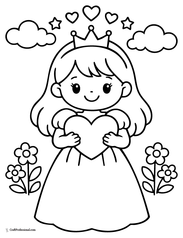 Easy princess coloring page holding a heart
