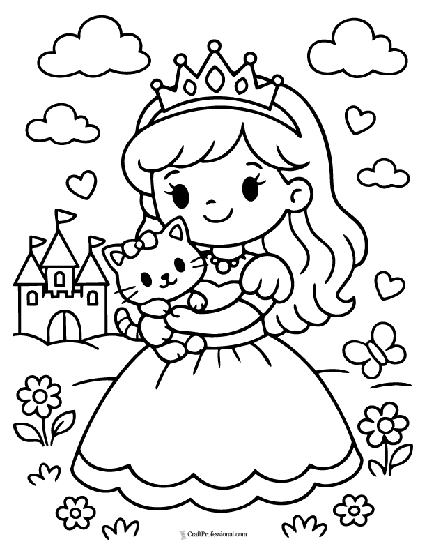 Easy princess coloring page with a pet kitten