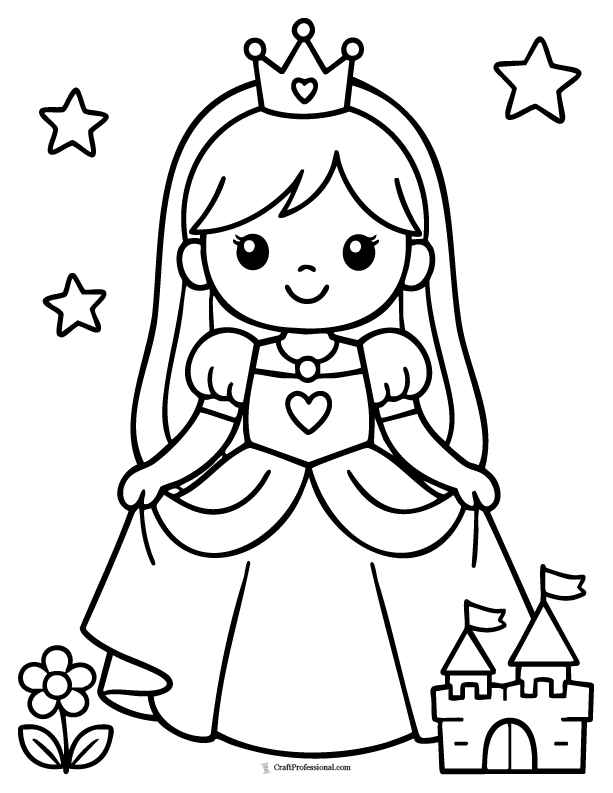 Easy princess coloring page with long straight hair
