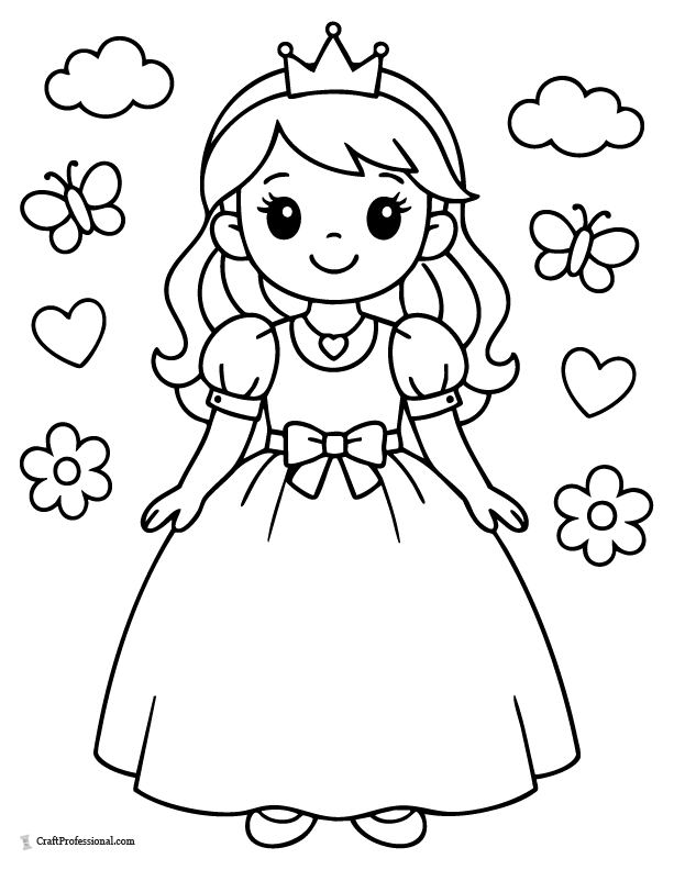 Easy princess coloring page with puffy sleeves and plain skirt