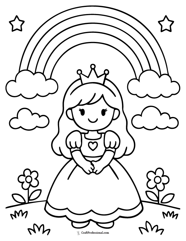 Easy princess coloring page in front of a rainbow