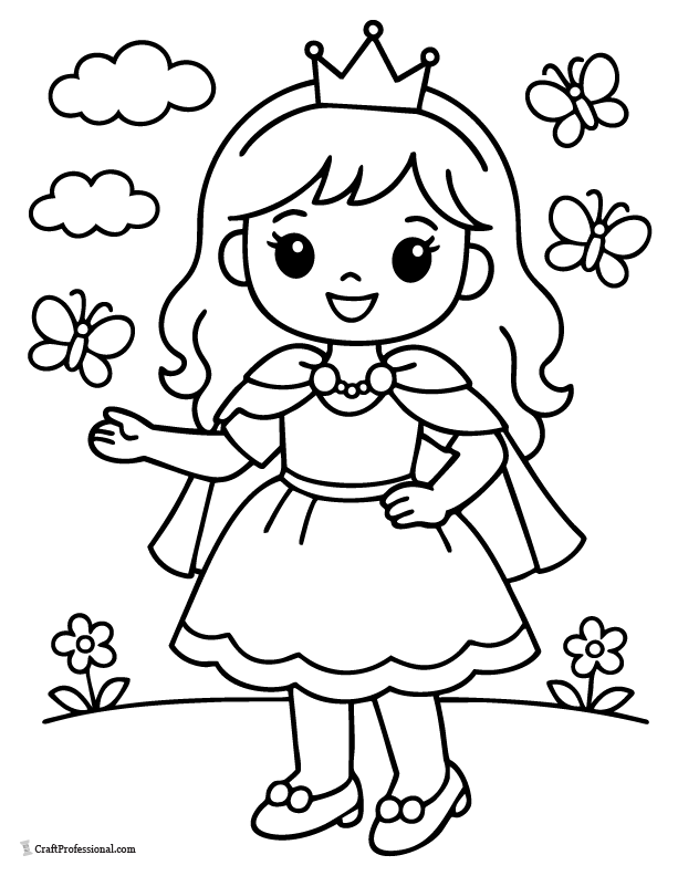 Easy princess coloring page wearing a short cape