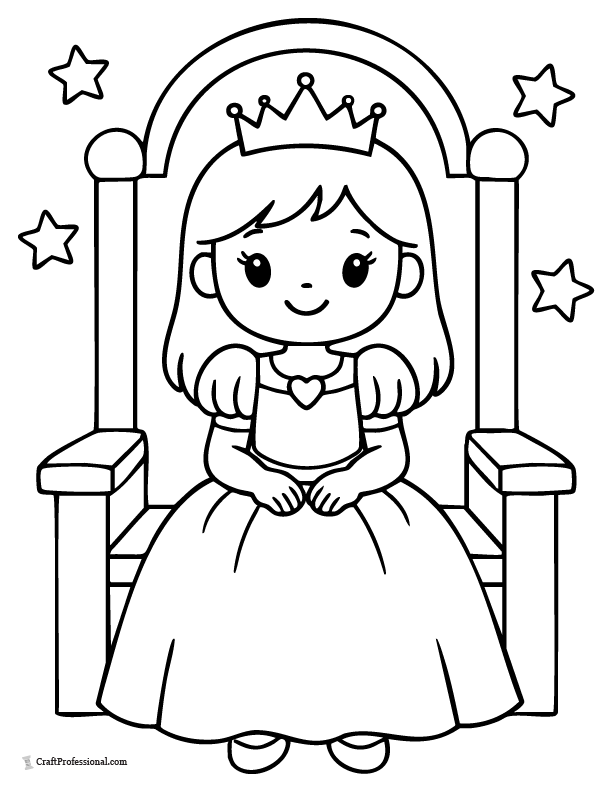 Easy princess coloring page sitting on a simple throne