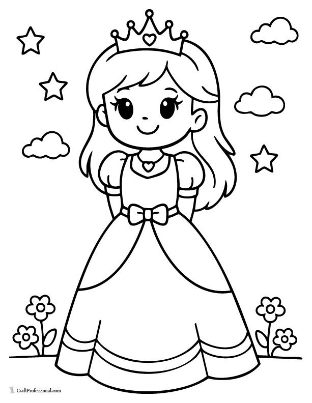 Easy princess coloring page smiling with hands behind her back
