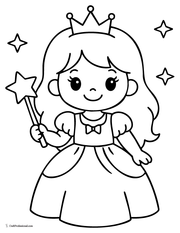 Easy princess coloring page with a small star wand