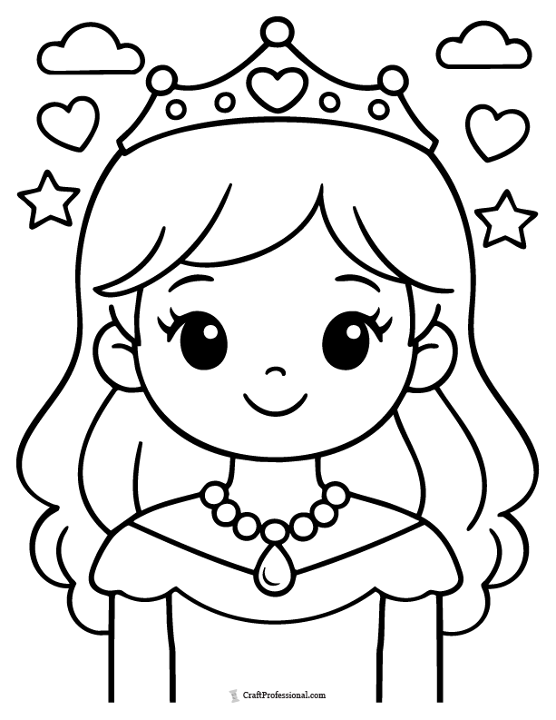 Easy princess coloring page wearing a simple tiara and necklace