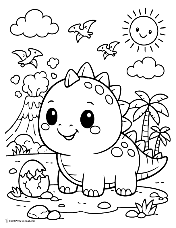 Easy round cartoon dinosaur with short legs coloring page