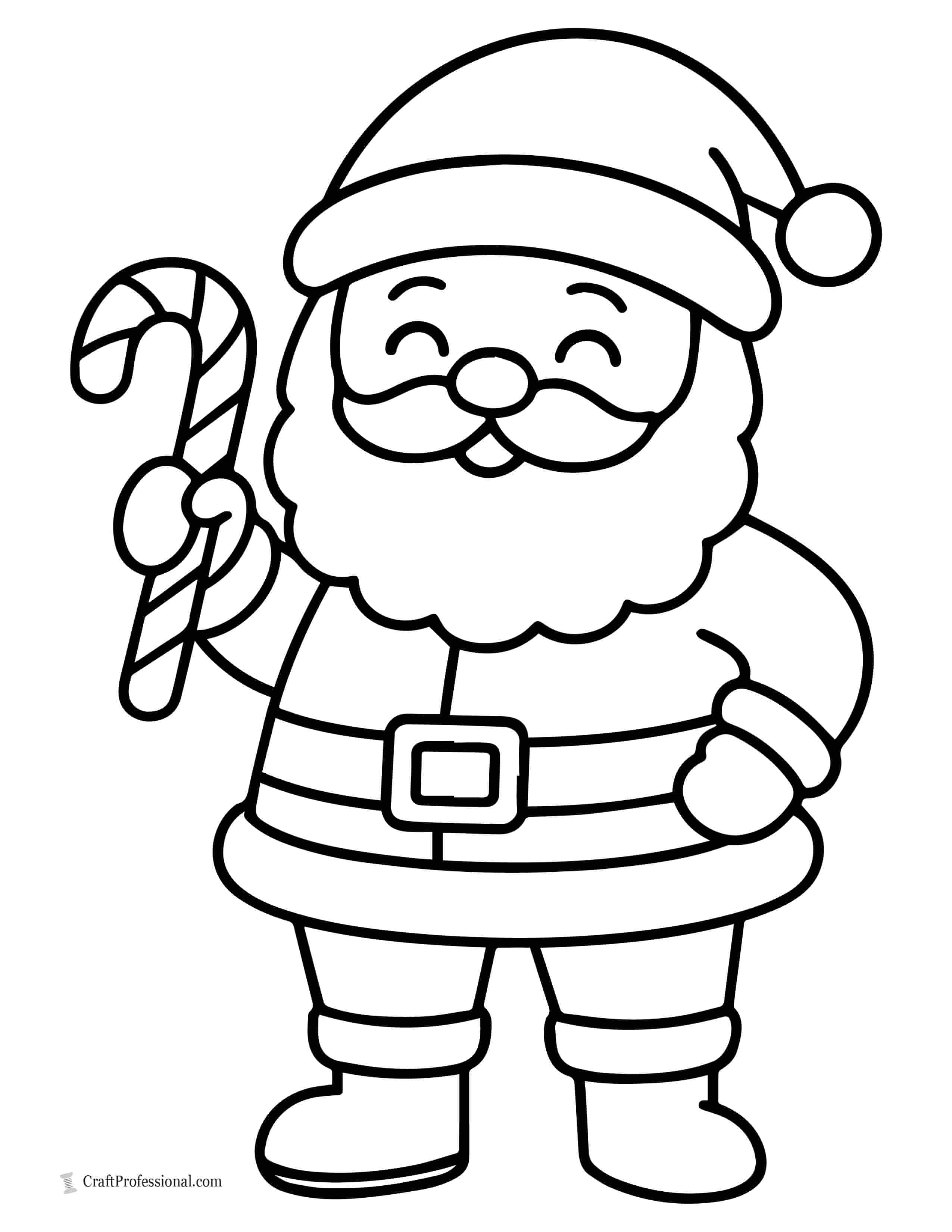 Santa with a candy cane, simple outline coloring sheet