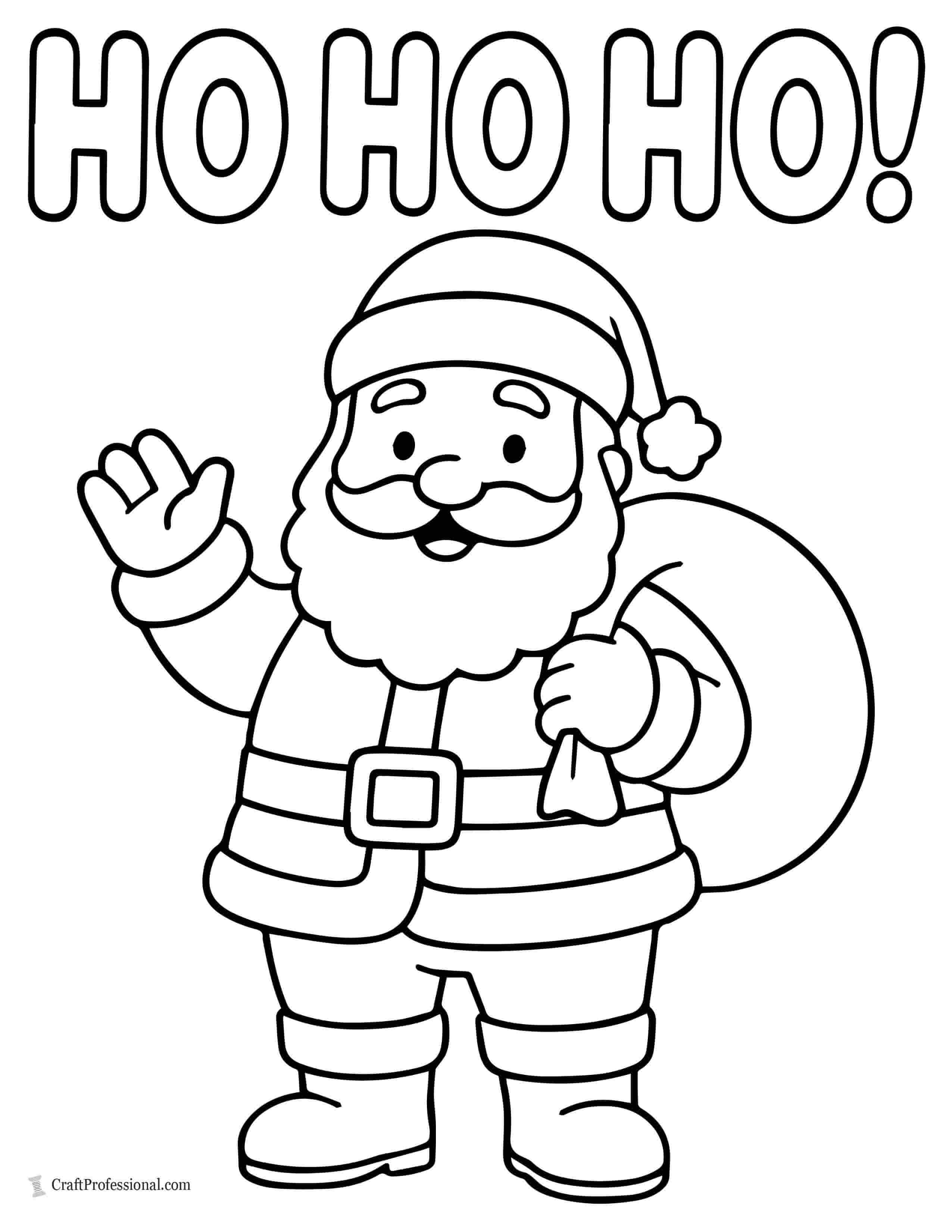 Santa with "Ho Ho Ho" text in bubble letters coloring page