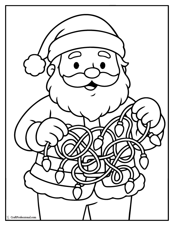 Santa holding a tangled Christmas light strand coloring page.