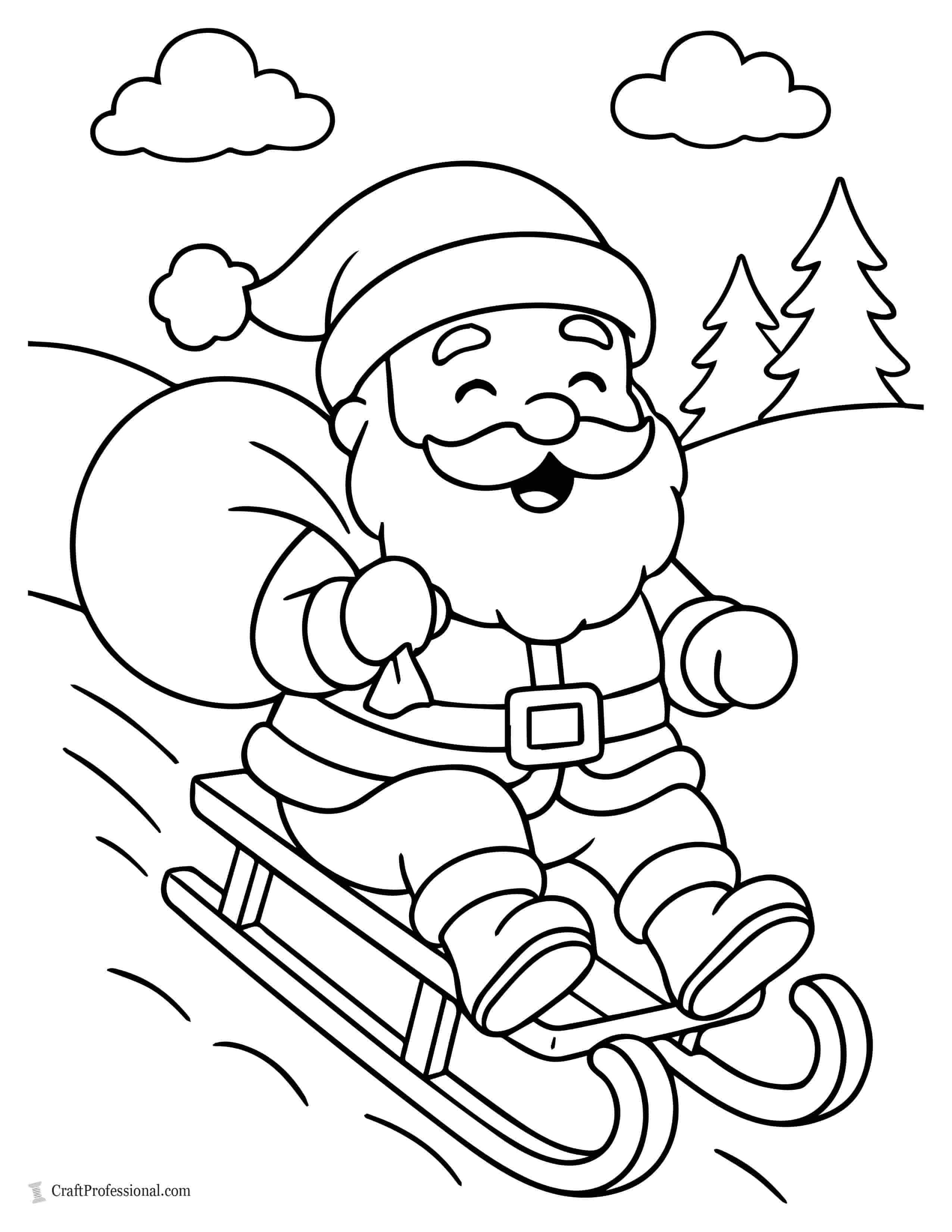 Santa riding a sled coloring page