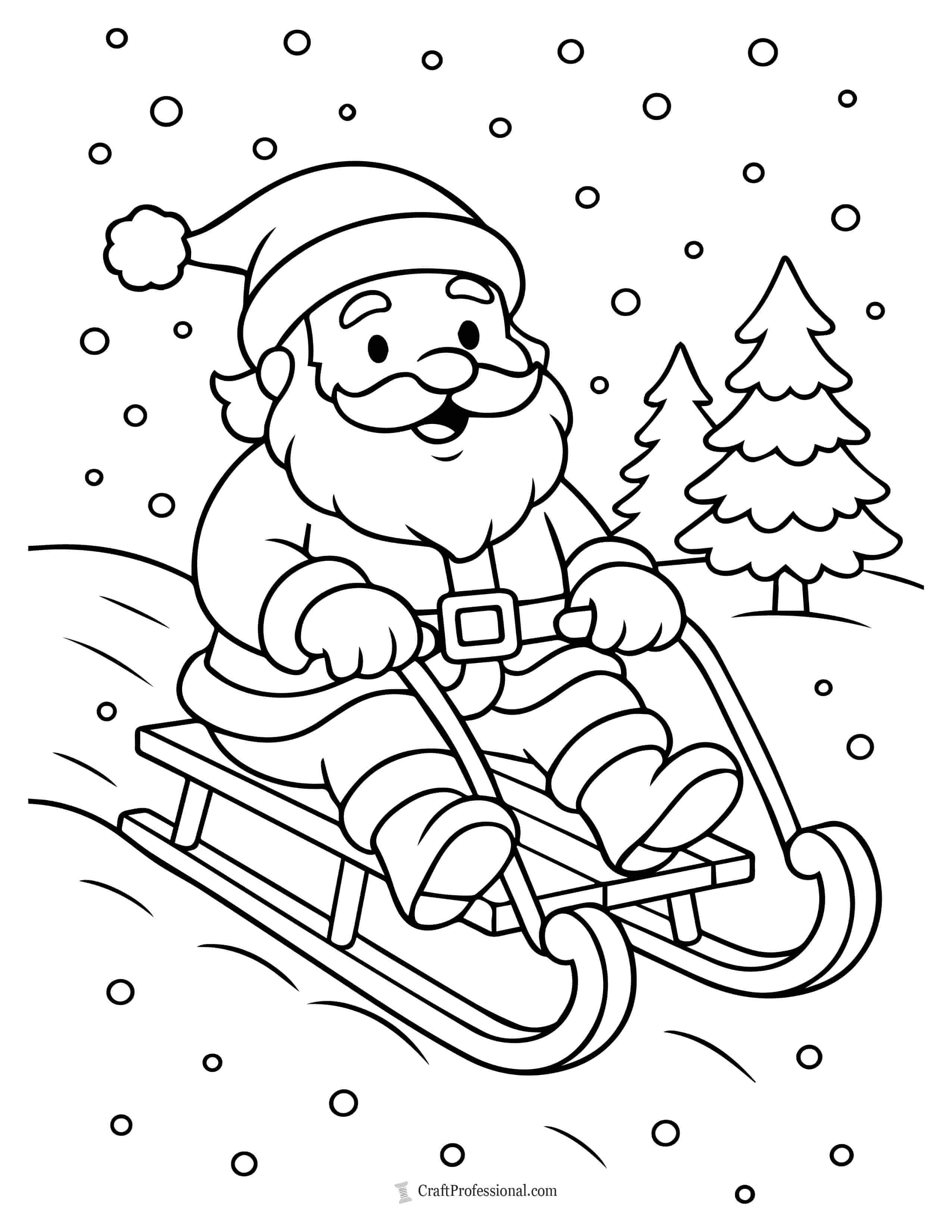 easy coloring page of Santa Claus sledding down a hill in winter