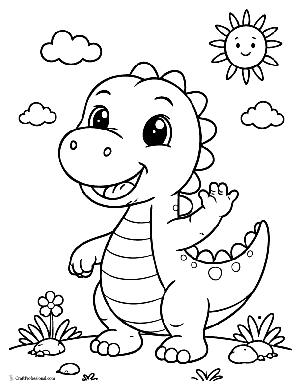 Easy small dinosaur waving coloring page for kids