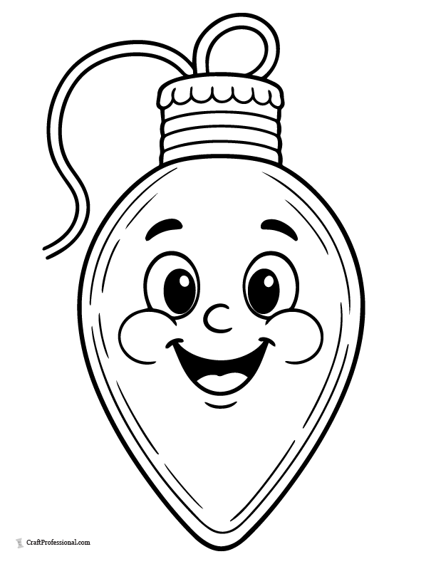 Single big cartoon Christmas light bulb with a smiling face coloring page.