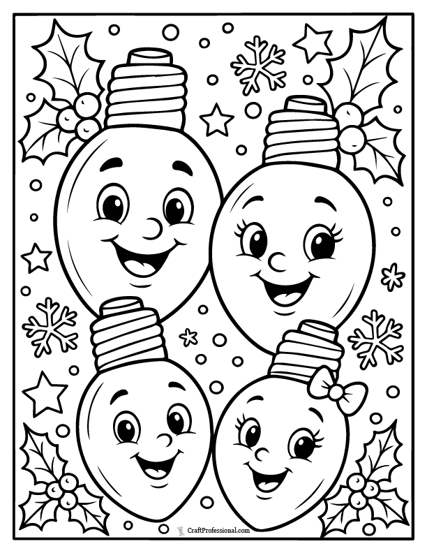 Smiling cartoon Christmas light bulb family coloring sheet.
