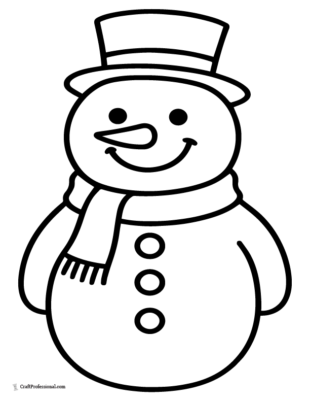 Smiling snowman with hat, coloring page with bold lines for easy coloring.
