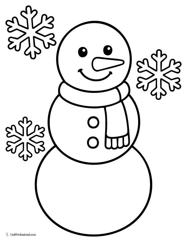Easy snowman coloring page for preschoolers with large simple shapes and bold outlines.