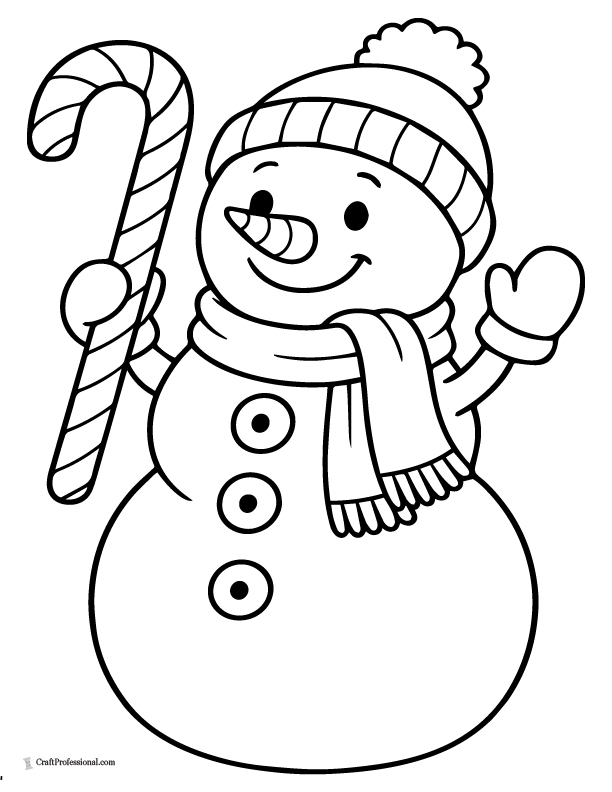 A large snowman surrounded by big snowflakes coloring sheet. Snowman holding a simple candy cane, coloring page.