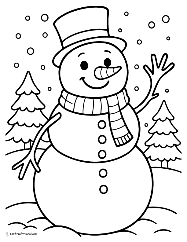 Snowman waving hello, with simple stick arms coloring page.