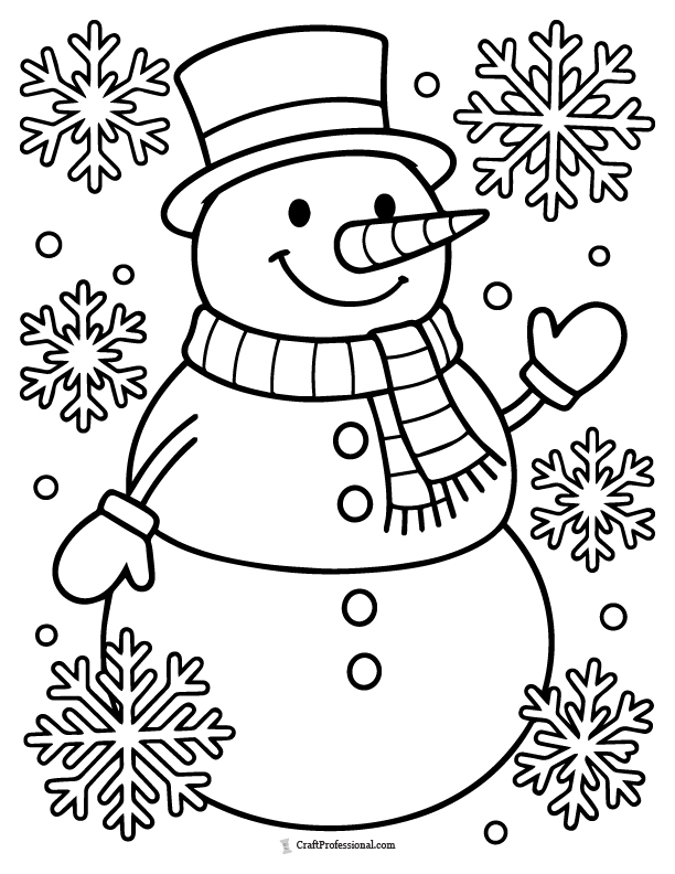 A large snowman surrounded by big snowflakes coloring sheet.