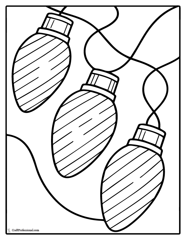 Strand of 3 large Christmas light bulbs, thick line art coloring pages.