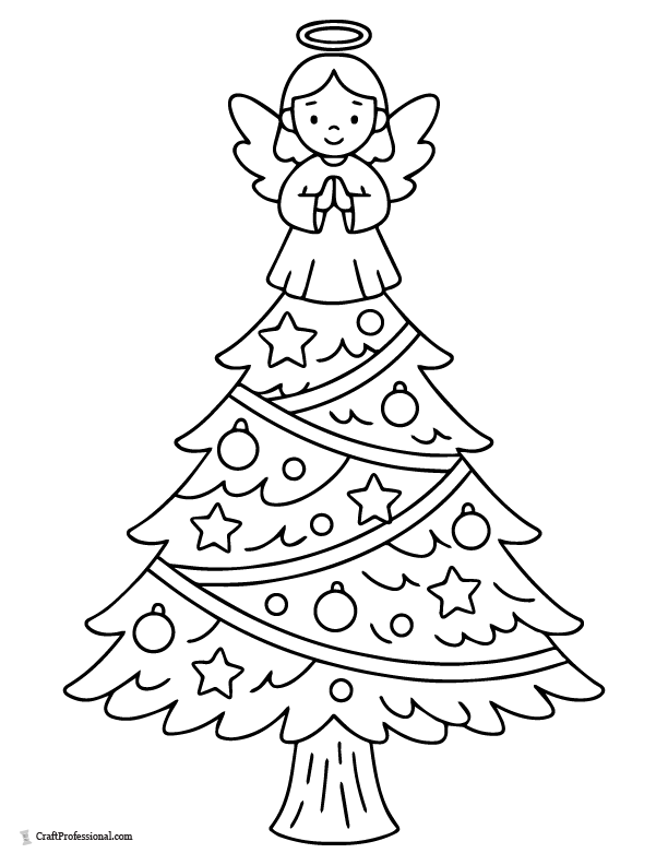 Kids tree with angel topper coloring page.