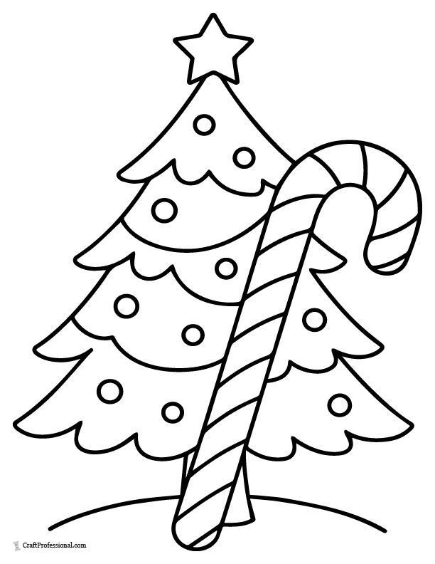Very easy tree with candy cane coloring page.