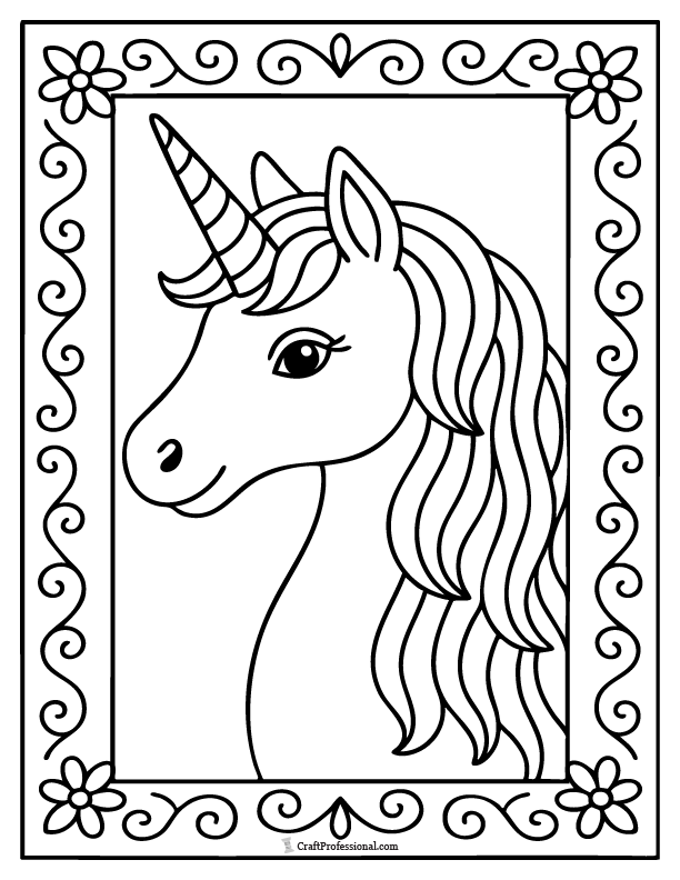 Unicorn head coloring page in a simple frame with wide border areas to color