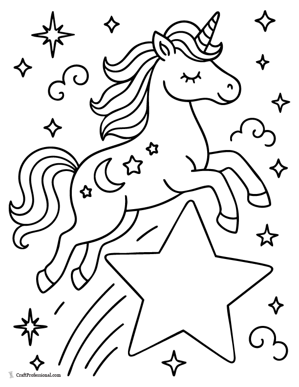 Preschool unicorn coloring page of a jumping unicorn over a large star outline