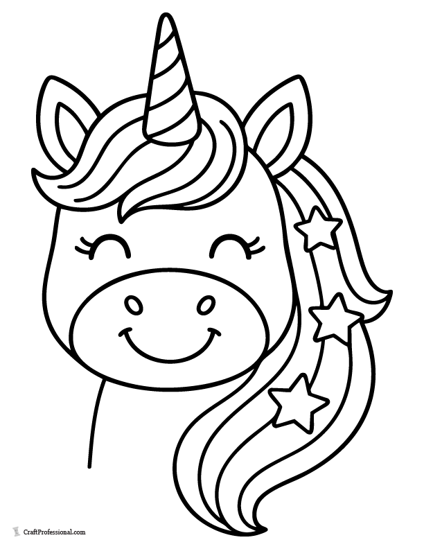 Easy unicorn coloring page with a smiling unicorn face, big eyes, and simple horn for toddlers Easy unicorn coloring page with a smiling unicorn face, big eyes, and simple horn for toddlers