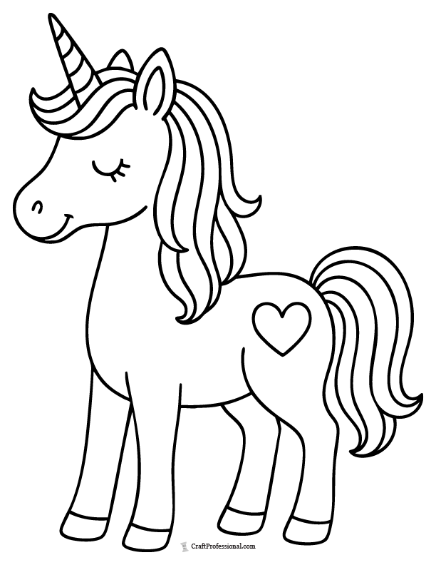 Simple standing unicorn coloring page with bold outline and heart cutie mark for young kids