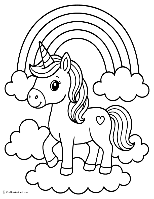 Easy unicorn coloring page with a unicorn, simple arched rainbow, clouds, and large shapes