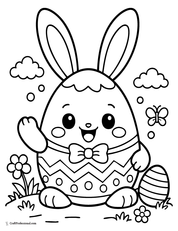 Cartoon Easter egg with bunny ears cute coloring page.